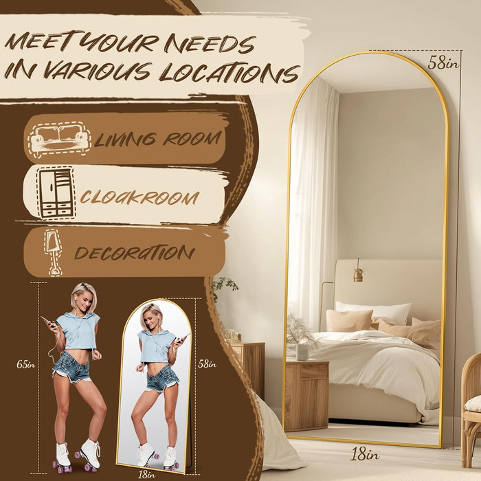 Arched Full Length Mirror, 56"X15" Gold Metal Frame Floor Mirror for Bedroom Living Room, Freestanding/Wall Mount/Leaning