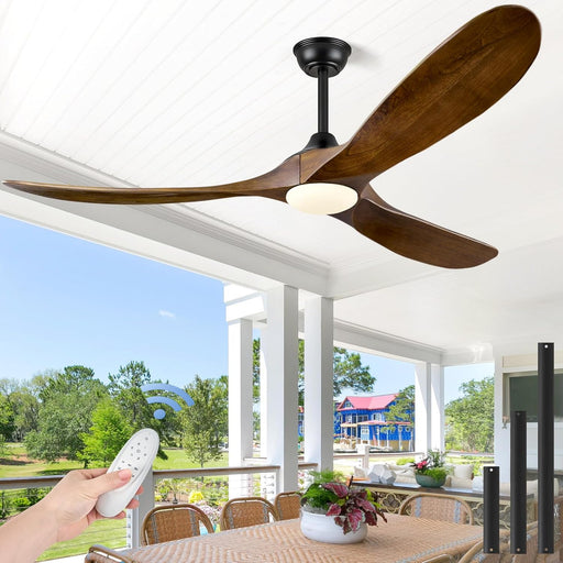 60 Inch Ceiling Fans with Lights, Solid Wood Propeller Ceiling Fans with Lights and Remote Control Outdoor Ceiling Fan for Patios Propeller 3 Blades for Indoor Living Room, Walnut Wood