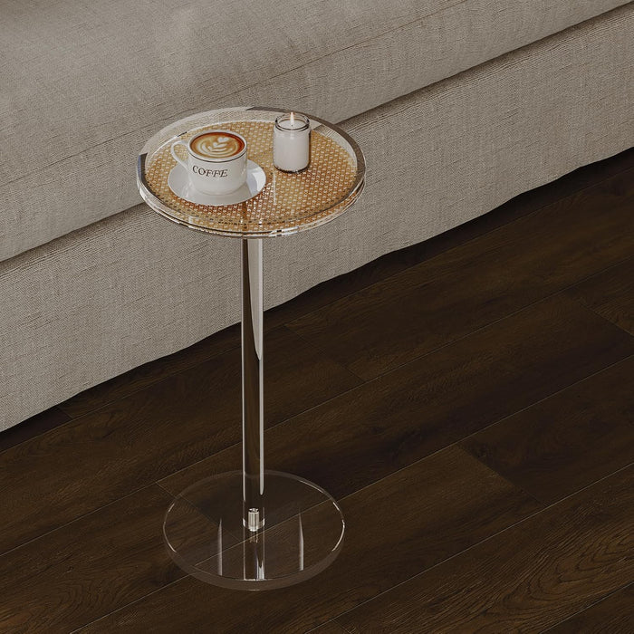 Acrylic Rattan Drink Table for Small Spaces, 11.8'' L X 11.8'' L X 24'' H, round Coffee Martini Drink Side Table with Pedestal for Living Room, Corners, Sofa, Clear, Easy Assembly