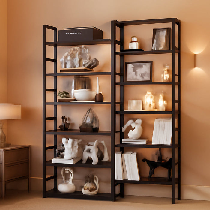 Double Wide Bamboo Bookshelf Black, 6-Tier Large Open Bookcase with 12 Display Shelves, 6Ft Tall Freestanding Book Shelf for Home Office, Bedroom, Living Room, Plants