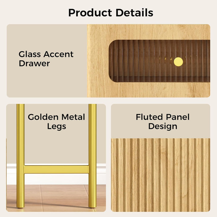 Vanity Desk with Mirror and Lights, Fluted Makeup Vanity with Glass Top, 48" Modern Vanity with 5 Drawers & Open Shelves, 3 Lighting Modes Adjustable Brightness for Bedroom, Natural