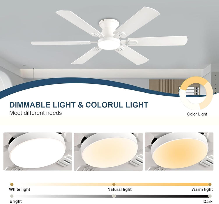 56 Inch Ceiling Fans with Lights, White Flush Mount Ceiling Fan with Light and Remote/App Control, 3Cct,Dimmable, Noiseless, Low Profile Ceiling Fan for Bedroom, Patio, Indoor/Outdoor Use