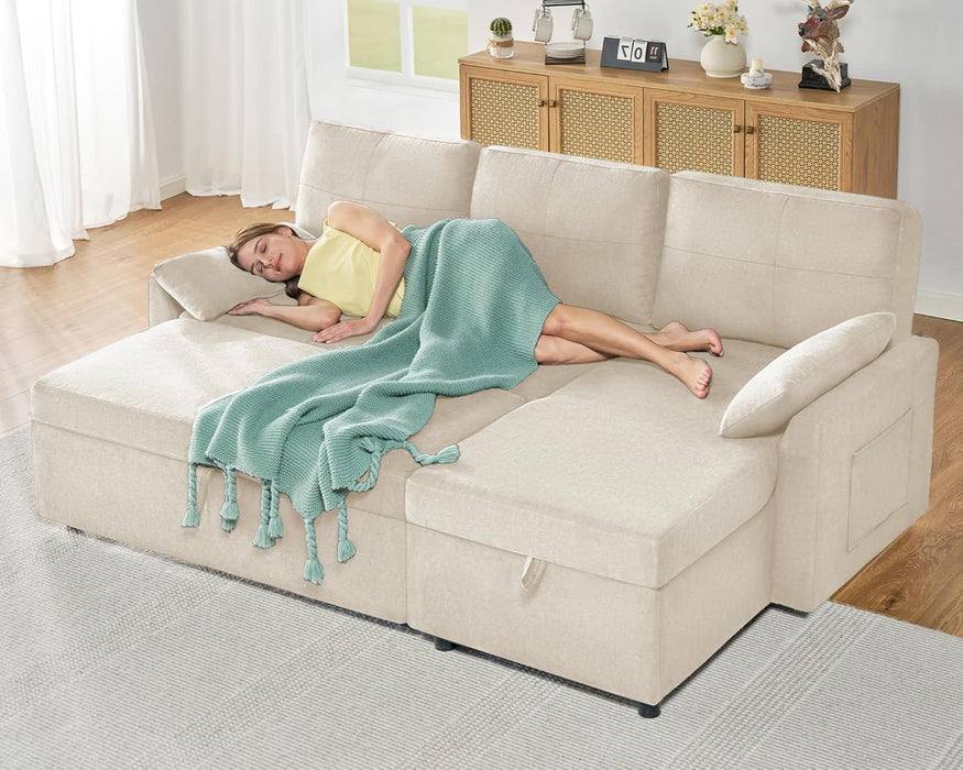 Linen Beige Multifunctional Sleeper Sofa With Storage