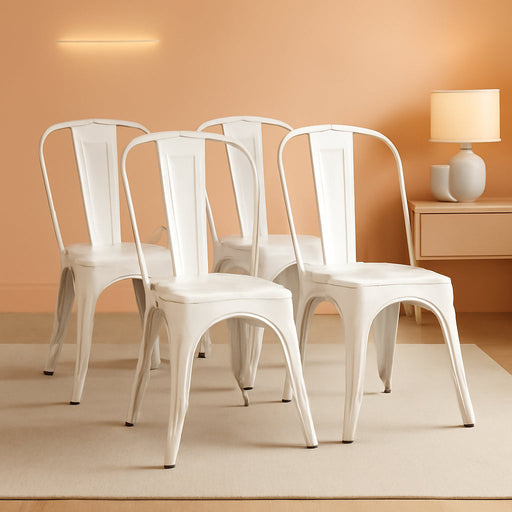 Metal Kitchen Dining Chairs Indoor-Outdoor Distressed Style Stackable Side Coffee Chairs in Distressed White, Set of 4