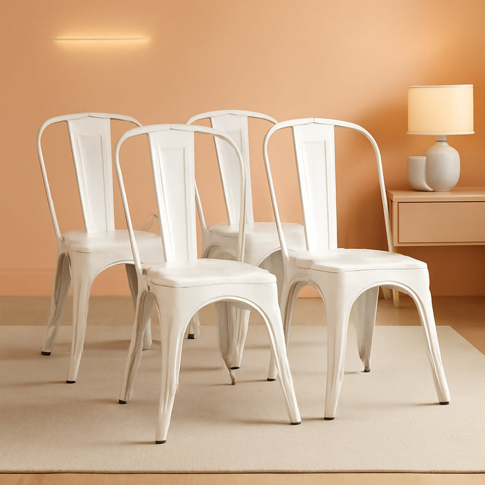 Metal Kitchen Dining Chairs Indoor-Outdoor Distressed Style Stackable Side Coffee Chairs in Distressed White, Set of 4