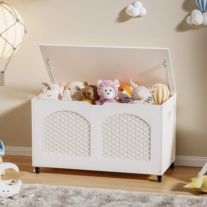 Storage Chest with Wheels,Sturdy Entryway Bench Supports 220 Lb, Shoe Bench, Safety Hinge, U-Shaped Opening,Rattan, Easy Assembly,Wooden Storage Bench for Bedroom,Living Room,Entryway (White)