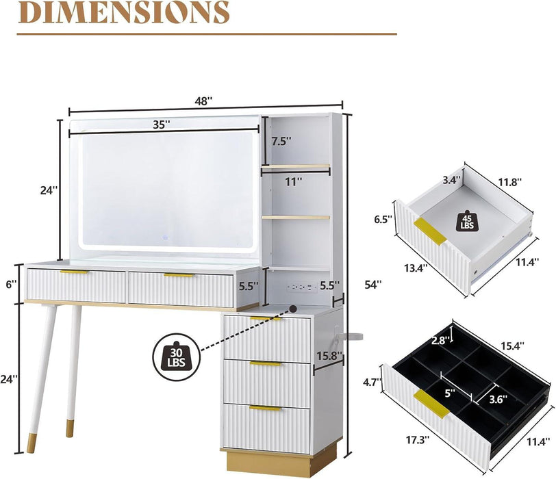 48" Vanity Desk with 35" Large Lighted Mirror, Big Modern Makeup Vanity Table with 5 Drawers & Shelves, Dressing Table with Charging Station/Glass Desktop/White