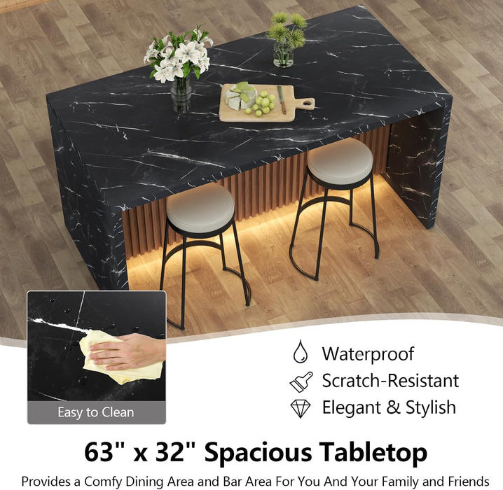 63" Large Imitation Marble Dining Table for 4-6 People(Patent Pending) | Island Table with LED Light,Mordern Marble Stripes Kitchen Dining Table with Grille Design for Dining Room,Living Room(Black)