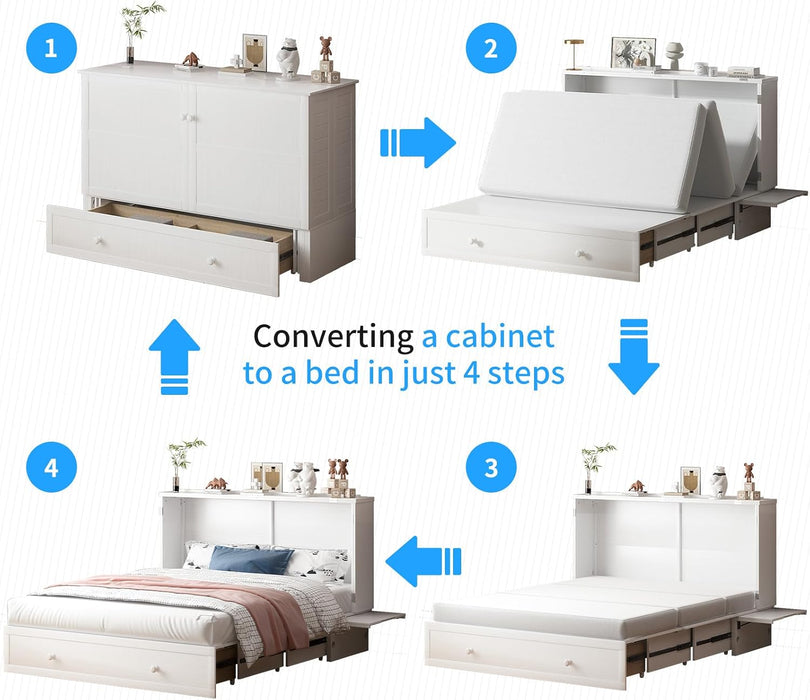 Queen Murphy Bed Featuring Mattress Included White