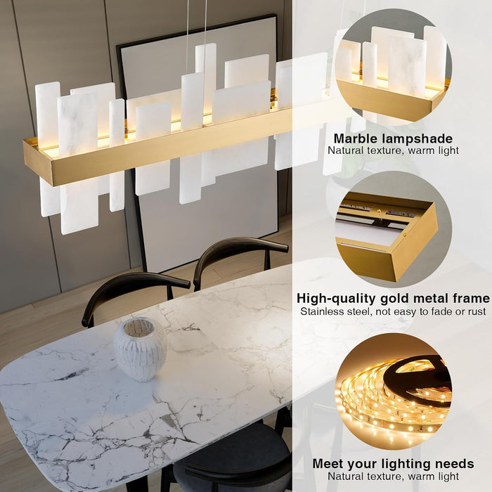 Alabaster Rectangle Chandelier, Natural Spanish Stone Texture Chandeliers, 46.8" Adjustable Alabaster Chandelier over Table for Dining Room, Bedroom, Island– Modern Luxury Ceiling Lighting