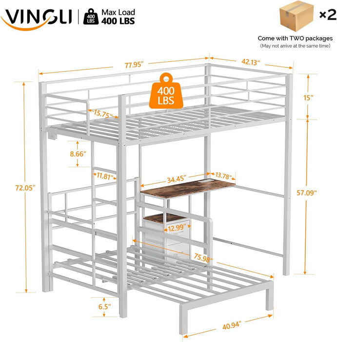 Twin over Twin Bunk Bed with Desk, 15'' Extra High Guardrail Loft Bed with LED Lights,2 Charging Station,And 2 Storage Drawers,2 Deckers Bed,Metal Space Saving Platform Bed with Vanity,White