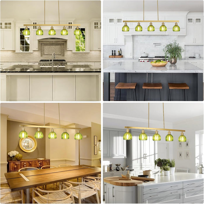 Gold Pendant Chandelier With Emerald Floral GlassShade