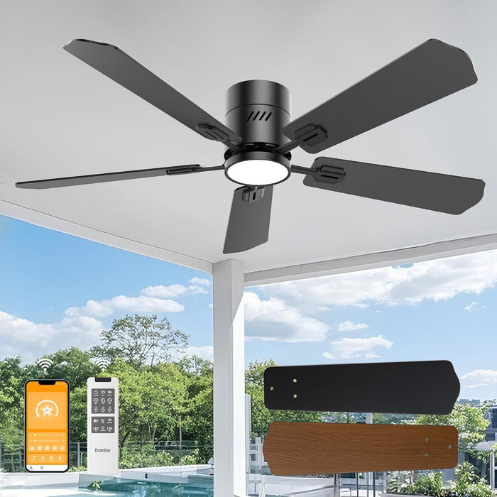 52 Inch 5 Blades Black Ceiling Fans with Lights,Flush Mount,6Cct, Low Profile Ceiling Fan with Light and Remote Control,Dc Motor,Ceiling Fan for Bedroom, Kitchen,Living Room,Indoor/Outdoor Use