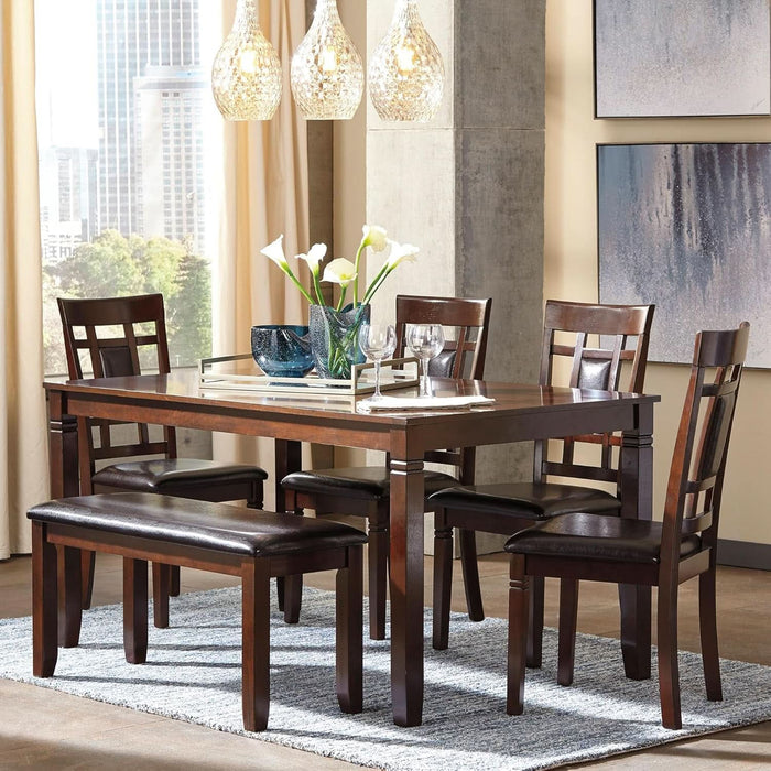 Bennox Dining Room Table and Chairs with Bench (Set of 6), Brown
