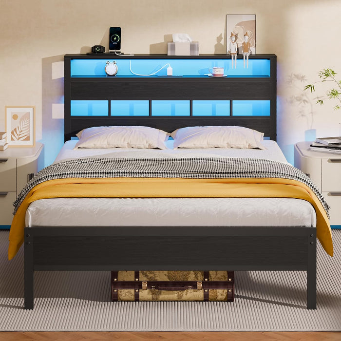 Full Size Bed Frame, Storage Headboard, LED & Charger, Black Oak