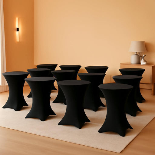 12 Pack 32X43 Inch Highboy Spandex Cocktail Table Cover Black, Fitted Stretch Cocktail Tablecloth for round Tables (12PC 32X43 Black)
