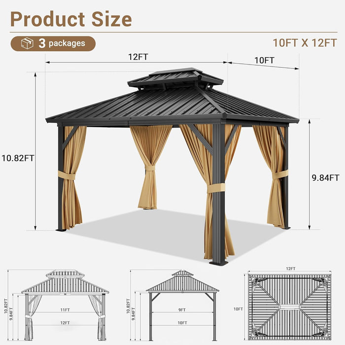 10 X 12 Ft Hardtop Gazebo, Galvanized Steel Double Roof with Curtains and Netting, Aluminum Frame Patio Gazebo for Patio, Garden and Lawn