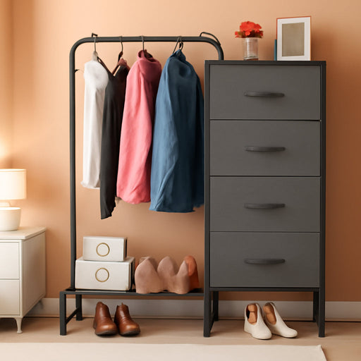 Dresser with Hanging Rack, 4 Drawers Small Dresser for Bedroom, Reversable Fabric Kids Dresser for Closet with Clothes Rack, Tall Chest of Drawers, Sturdy Frame, Grey, 44''H