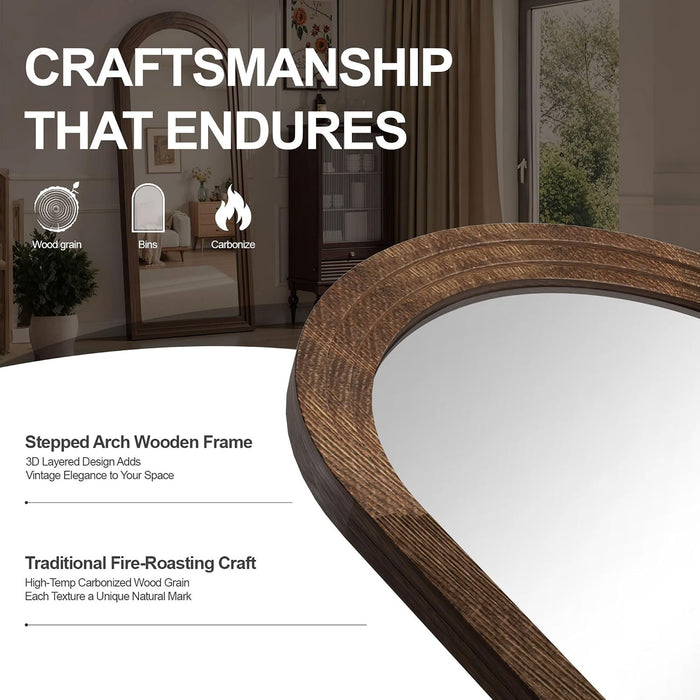 Arched Full Length Mirror with Stand, 75X35 Brown Wood Floor Mirror
