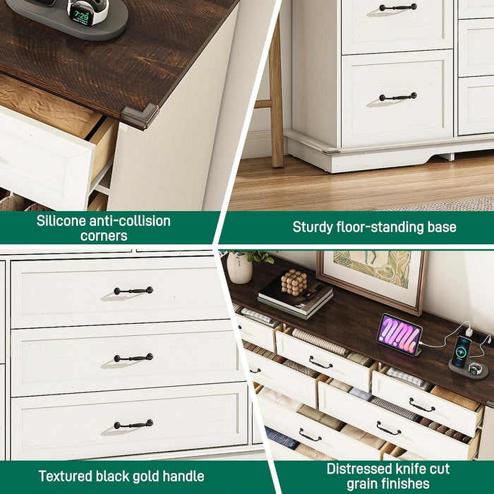 Farmhouse 9 Drawer Dresser for Bedroom,63” Wood Dresser & Chest of Drawers with Power Outlets,Large & Wide Dressers for Bedroom,Tall Storage Dresser Organizer(White)