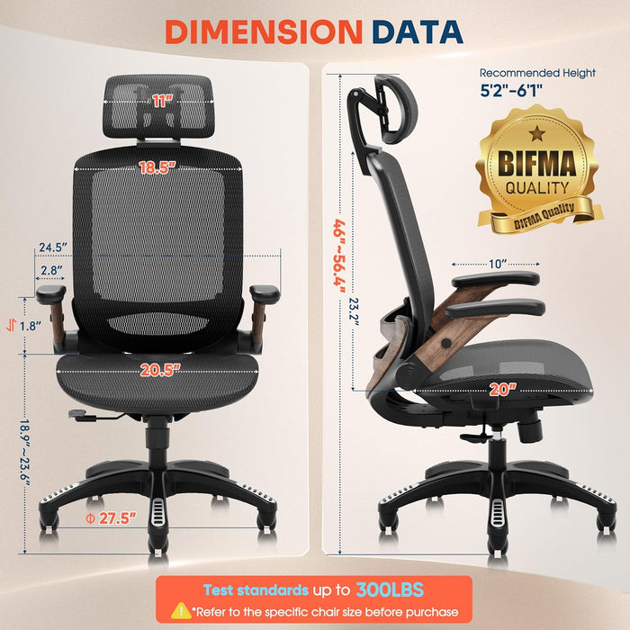 Ergonomic Office Chair, High Back Home Desk Chair with 2D Flip-Up Arms, 3D Headrest, 90-120° Tilt and Wide Cushion, Big and Tall Mesh Chairs for Man Woman, Computer Task Chair Dark Wood Grain