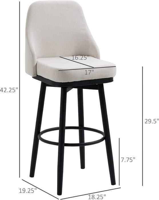 Bar Height Bar Stools Set of 2, Modern 360° Swivel Barstools, 29.5 Inch Seat Height Upholstered Kitchen Chairs with Steel Legs and Footrest, Cream White