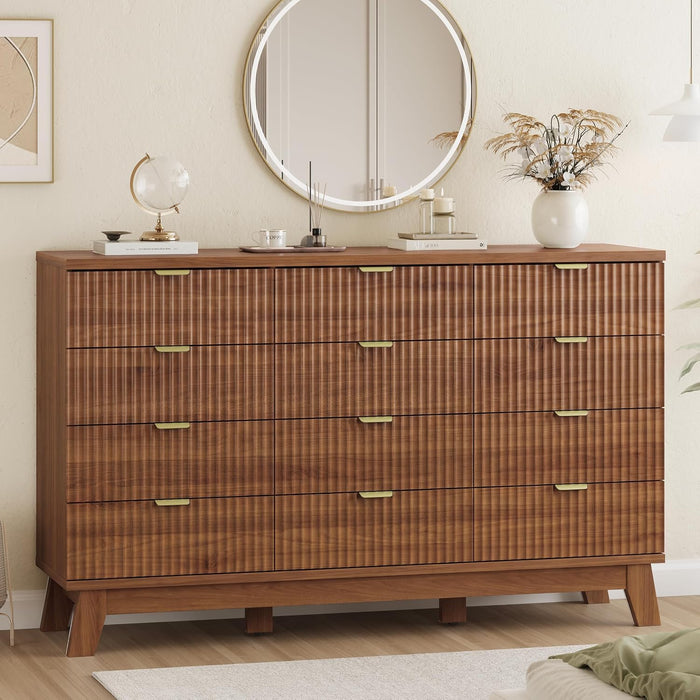 Fluted Dresser for Bedroom with 12 Drawers, 57" Wide Modern Chest of Drawers with Metal Handle, Wooden Dresser TV Stand, Wood Closet Clothes Storage Organizer for Living Room, Hallway, Walnut