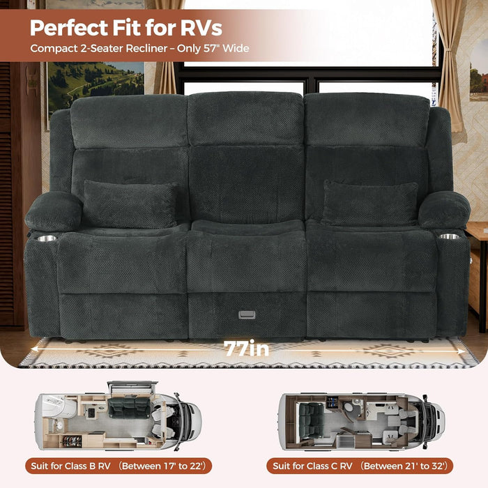 3 Seater Recliner Sofa, Manual Reclining Couch with Flip Middle Backrest, Phone Holder, Side Pocket, Drawer, Power Outlet, Reclining Sleeper for Living Room, Home Theater & RV (Textile - Gray)