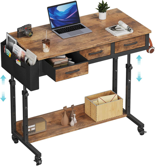 Rolling Height Adjustable Computer Desk With Drawers