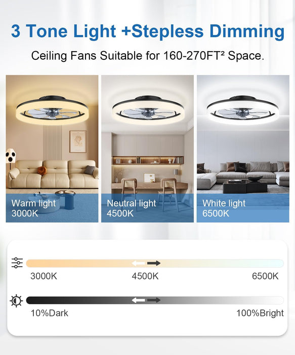 Ceiling Fans with Lights and Remote, 20" Fandelier Ceiling Fan Flush Mount, 3000K-6500K Smart Bladeless LED Fan Light, Modern Low Profile Ceiling Fan with Light for Bedroom, Kids Room and Living Room.