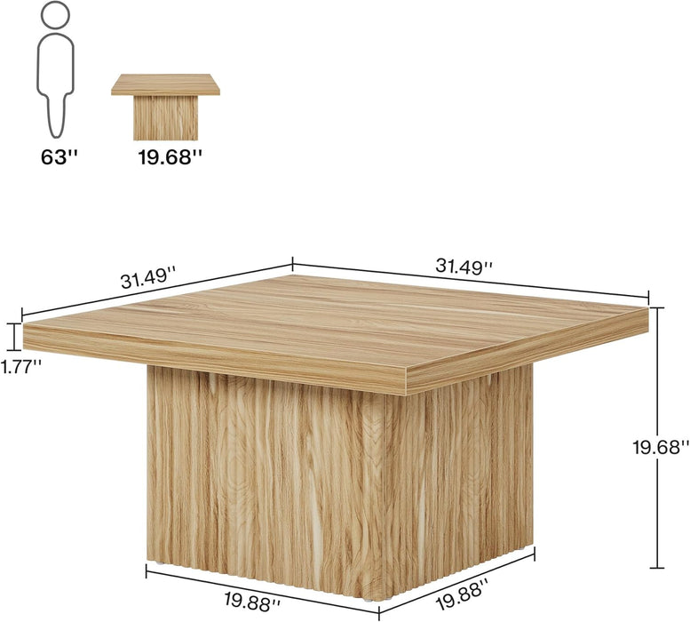 Square Coffee Table, 31.5-Inch Fluted Coffee Table, Mid-Century Modern Living Room Table, Large Cocktail Table for Living Room, Easy Assembly, Oak
