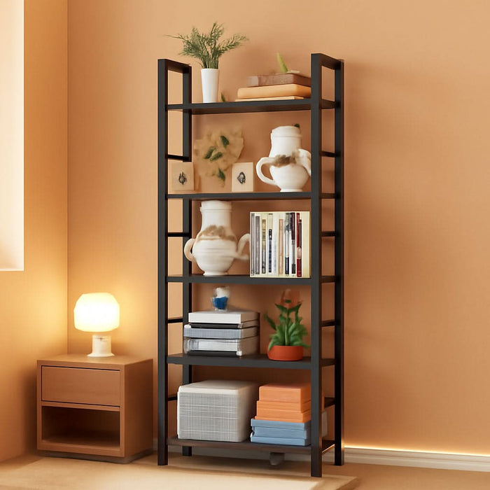 Book Shelf, 5 Tier Bookcase, Modern Tall Bookshelf for Garage Kit, Cds, Movies, Industrial Corner Storage Organizer for Bedroom Home Office Kitchen Living Room, Black