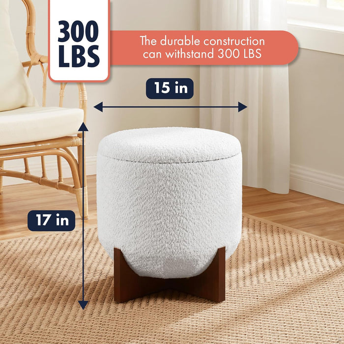 Decor round Ottoman with Storage, Boucle White Teddy round Vanity Chair Stool Ottoman Pouf with Storage for Living Room and Bedroom