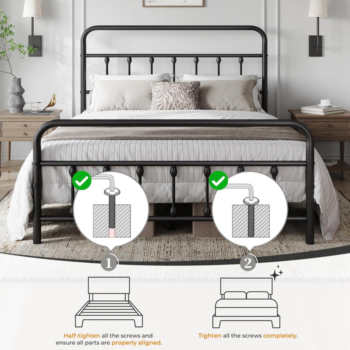 Classic Metal Platform Bed Frame Mattress Foundation with Victorian Style Iron-Art Headboard/Footboard/Under Bed Storage/No Box Spring Needed/Queen Size Black