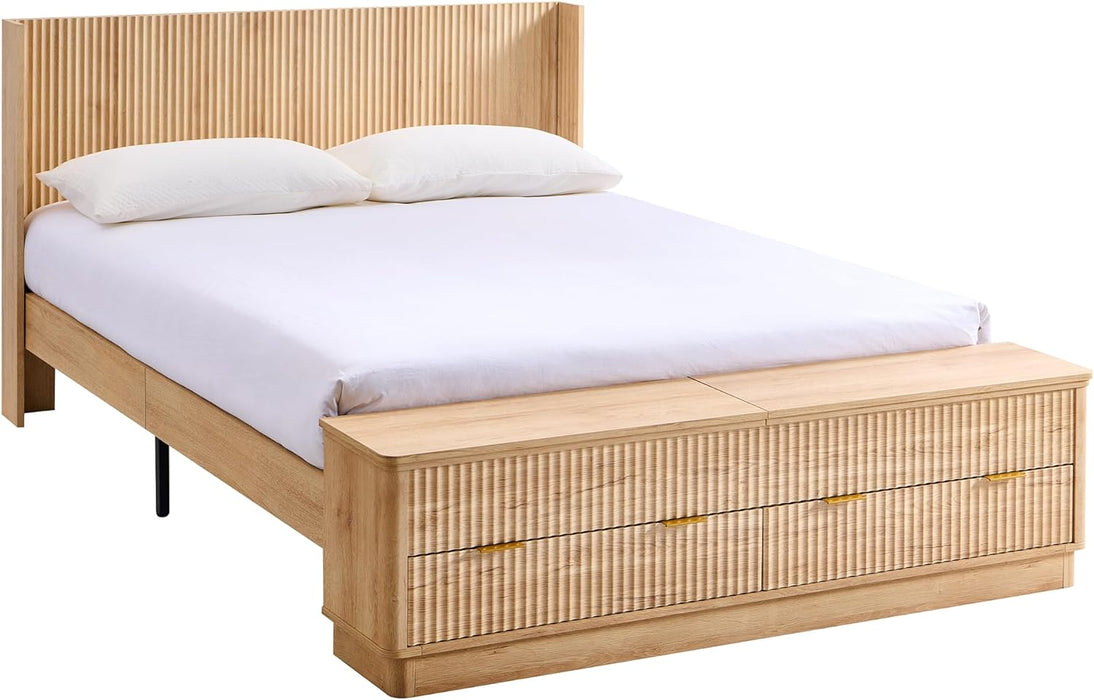 Fluted Queen Size Bed Frame with Wingback Headboard, Footboard Storage Bench with Built-In Drawers & Lift-Up Compartments, Wood & Steel Platform Bed, No Box Spring Needed, Natural Oak