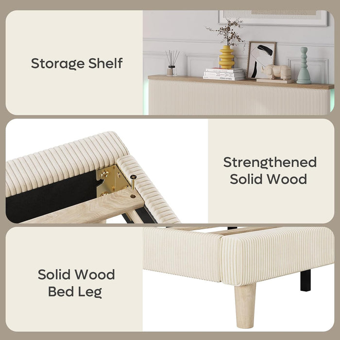Full Bed Frame with Adjustable Headboard & LED, Upholstered, Beige