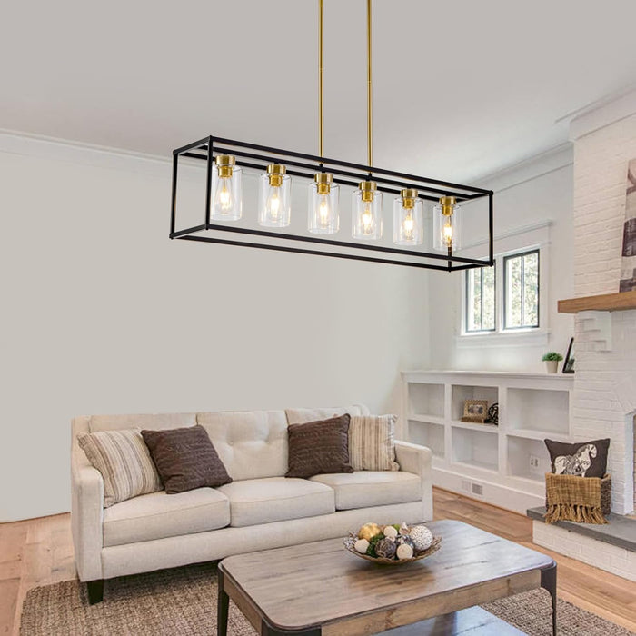 6 Lights Modern Dining Room Light Fixtures over Table Black & Brushed Brass Gold Farmhouse Chandelier Rectangular Pendent Lighting for Kitchen with Glass Shade Long Linear Industry Hanging Light