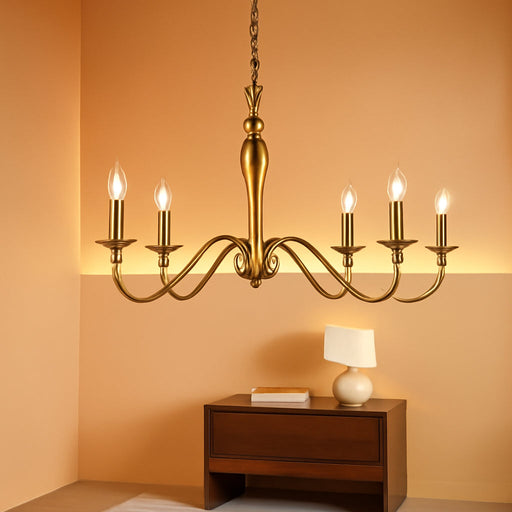 Farmhouse Chandelier 6-Light Gold Industrial Classic Candle Ceiling Rustic Pendant Lights Fixture for Dining Living Room Bedroom Kitchen Island Hanging Lighting