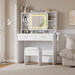 Vanity Desk with Sliding Mirror, Makeup Desk and Stool with Lights in 3 Colors, Girls Vanity Table with Charging Station, 2 Drawers & Storage Shelves for Bedroom, White