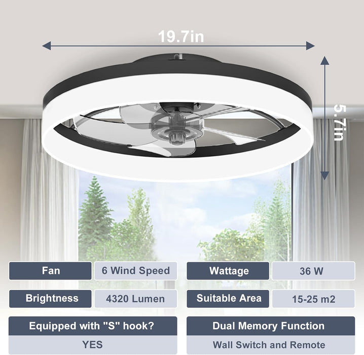 Low Profile Ceiling Fans with Lights and Remote, Fandelier Ceiling Fan Flush Mount, 3000K-6500K Smart Bladeless LED Fan Light, Black Modern Ceiling Fans with Lights for Bedroom