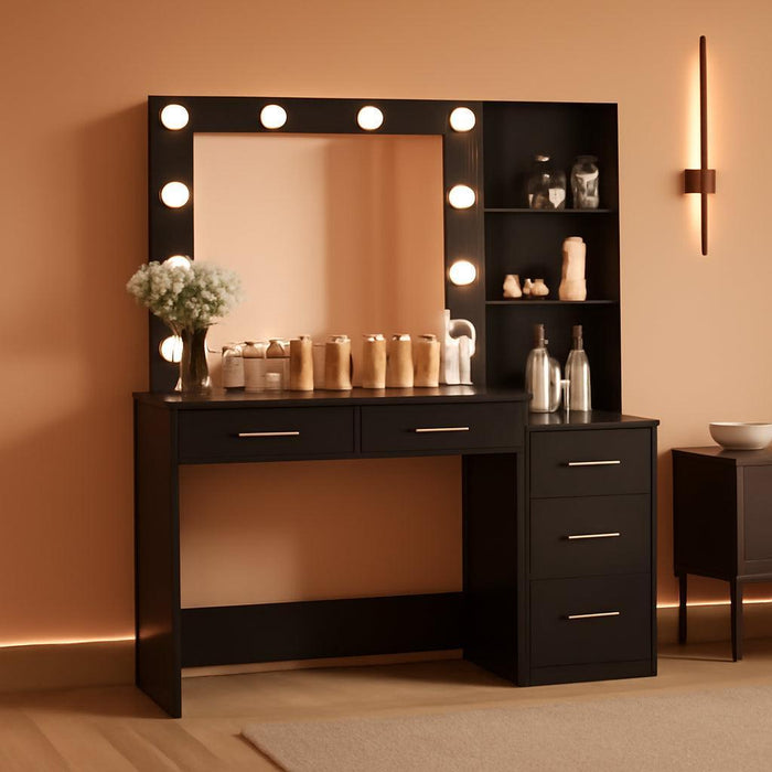 46.7" Black Makeup Vanity Table with Lighted Mirror, Large Vanity Desk with Storage Shelf & 5 Drawers, Bedroom Dressing Table for Women, Wife, 3 Lighting Modes & Adjustable Brightness