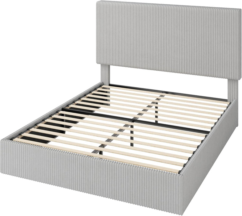 Full Bed Frame, Upholstered Platform Bed, Adjustable Vertical Channel Tufted Headboard, Corduroy Fabric, Modern Low Profile, Wooden Slats, No Box Spring Needed, Easy Assembly, Light Grey