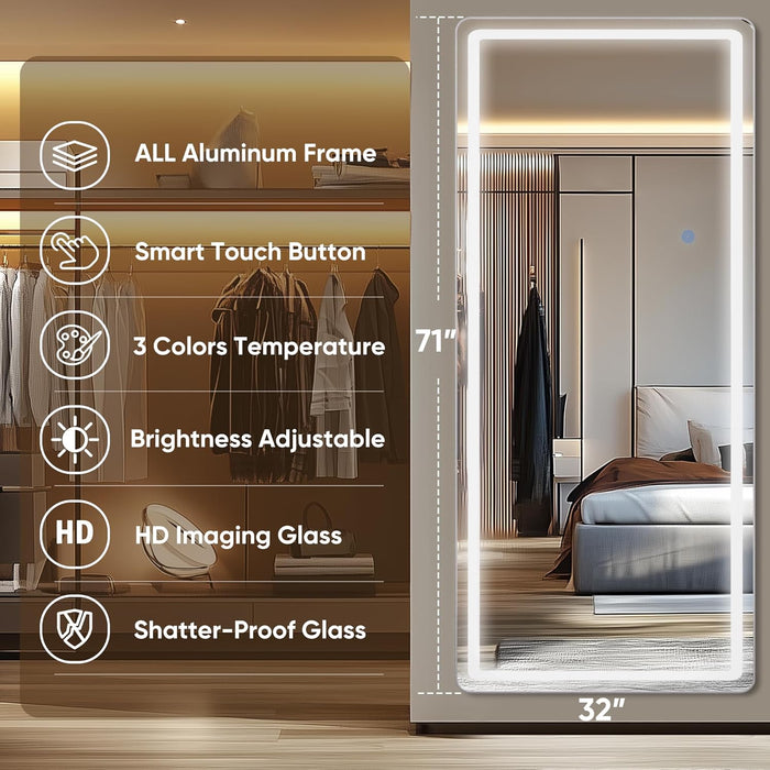 LED Full Length Mirror with Light, 71"X32" Lighted Full Body Mirror with Stand, Dimmable & 3 Color Lighting Standing/Leaning/Wall Mounted Vanity Mirror for Bedroom Cloakroom Livingroom(Rect)