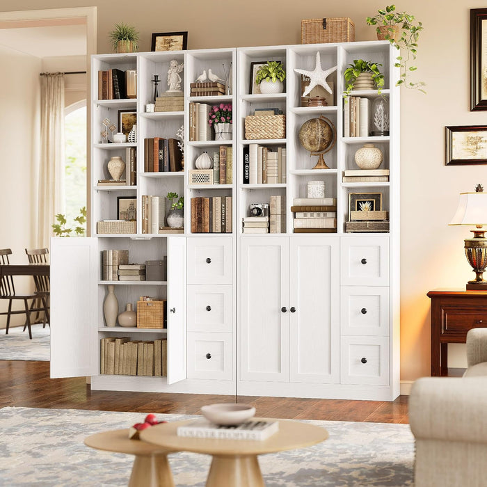 Bookshelf with 2 Doors and 3 Drawers, 71" Storage Bookcase, White