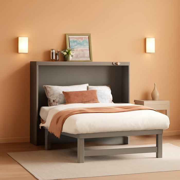 Full Size Murphy Bed with USB Port, Desk and Removable Shelves on Each Side, Full Platform Bed Wood Frame, for Guest Room Home Office - Gray