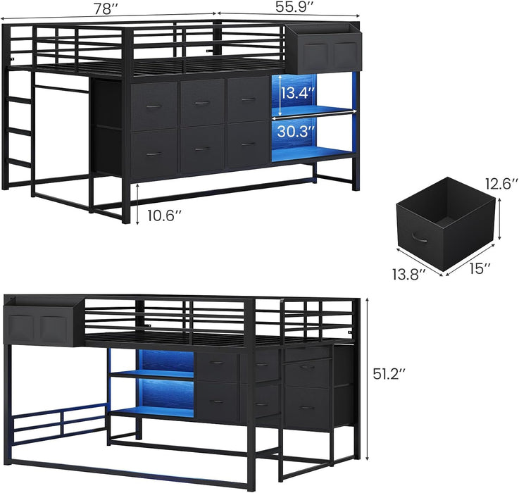 Full over Twin Bunk Bed with 6 Drawers, Metal Frame Bunk Bed with LED Lights, Convertible Storage Bunk Bed with Extra-High Guardrails & Non-Slip Ladder, 2-Way Installation,For Teens, Black