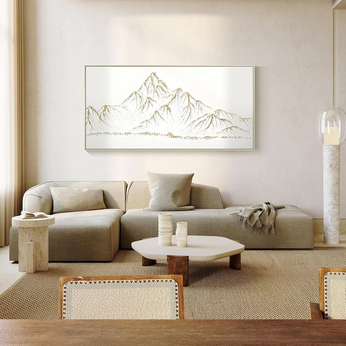 White and Gold Framed Paintings Textured Wall Art - 3D Mountain 100% Hand Painted Canvas Home Decor 48X24 Large Horizontal Contemporary Artwork Decoration for Living Room Bedroom