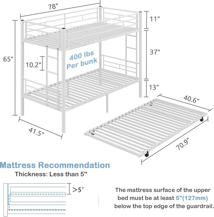 Bunk Bed Twin over Twin with Trundle, Metal Bunkbeds with Ladder and Full-Length Guardrail, No Box Spring Needed, Space Saving, Noise Free, White