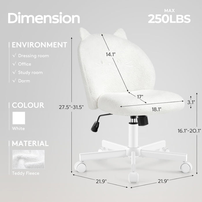 Vanity Chair with Cat Back,Armless Small Office Desk Chair,White