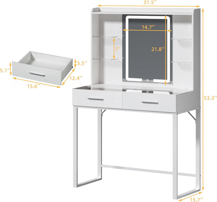 Vanity Desk with Mirror and LED Lights, 31" Small Makeup Vanity with Glass Top & Power Outlet, Vanity with 3 Colors Light, RGB Drawers and Five Shelves, White Vanity for Bedroom